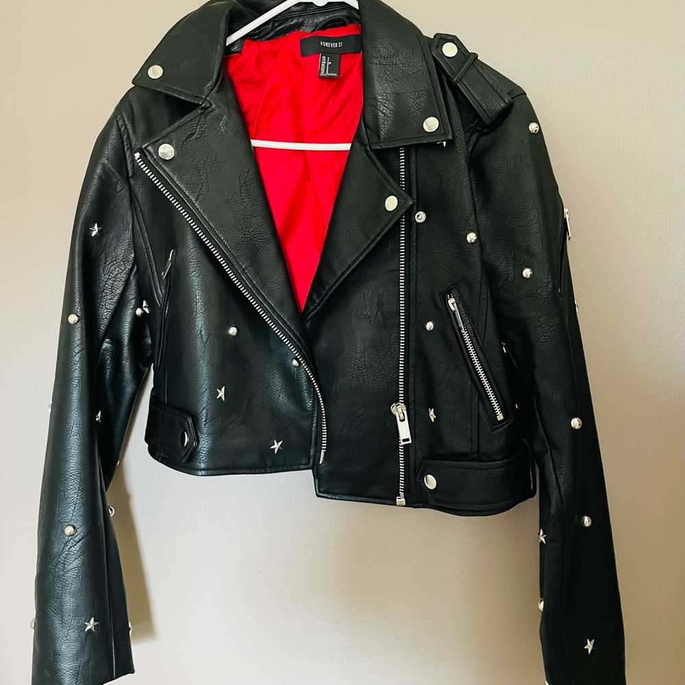 Small forever 21 star studded black leather jacket